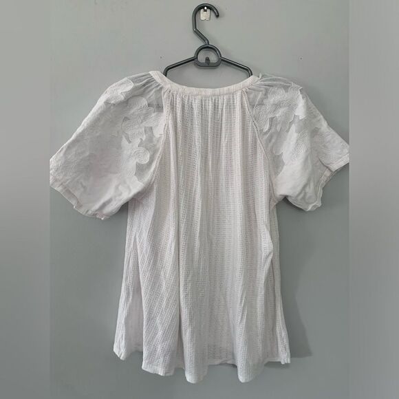 Lucky Brand Knit V-neck Short Sleeve Top Blouse Flowy Hippie Boho White Size M - Picture 6 of 8
